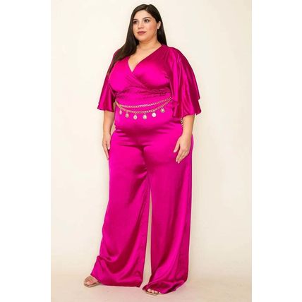Satin Wrap Front Short Sleeve Smocked Waist Jumpsuit
