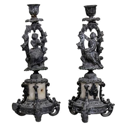 Pair of Antique c1900 French Spelter and Marble Candle Holders, Man Woman, 33 cm