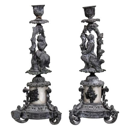 Pair of Antique c1900 French Spelter and Marble Candle Holders, Man Woman, 33 cm