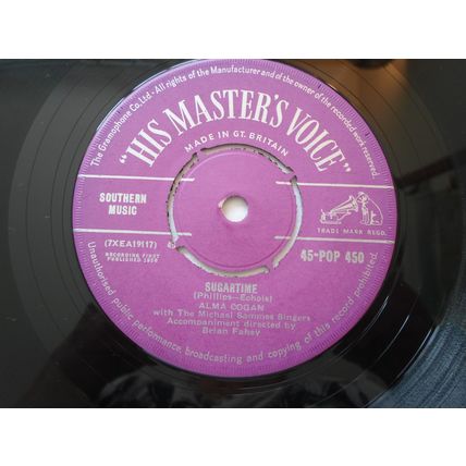 7" 1958. ALMA COGAN . SUGARTIME 45.-POP 450, GETTIN READY FOR FREDDY. NEAR MINT