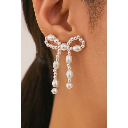 White Pearl Beaded Bowknot Studded Earrings