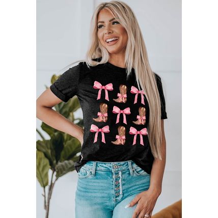 Black Western Cowboy Boots Crew Neck Graphic Tee
