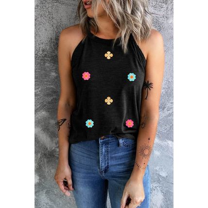 Black Sweet Floral Embroidery Casual Tank Top