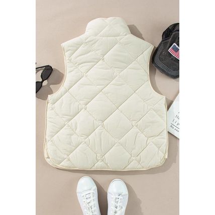 Beige Quilted High Neck Button Up Pocket Vest Coat
