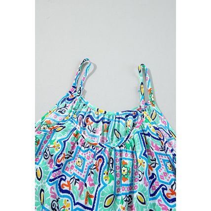 White Rhinestone Boho Floral Printed Spaghetti Strap Tank Top