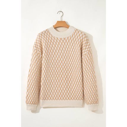 Smoke Gray Rhombus Textured Knit Mock Neck Sweater