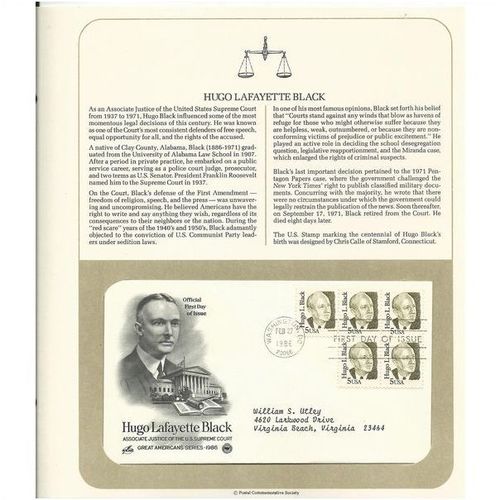 HUGO LaFAYETTE BLACK ' OFFICIAL FIRST DAY of ISSUE ' (1986)