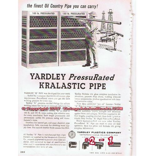 YARDLEY PLASTICS COMPANY 1955 PressuRated Kralastic pipe vintage ad