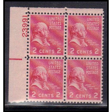 806 2c John Adams Fine MDG Plt/4 UL 23991 KA9531