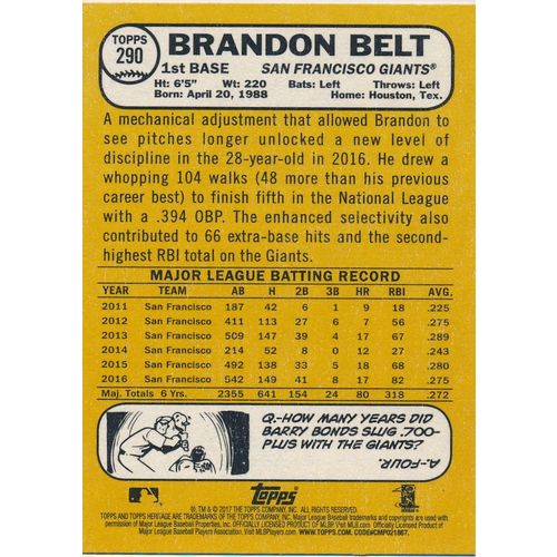 2017 Topps Heritage Baseball 290 Brandon Belt San Francisco Giants
