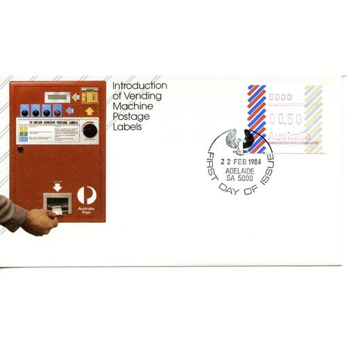 AUSTRALIA 1984 FDC FRAMA Vending Machine Labels Full Set of 7 x 30c Barred Edge