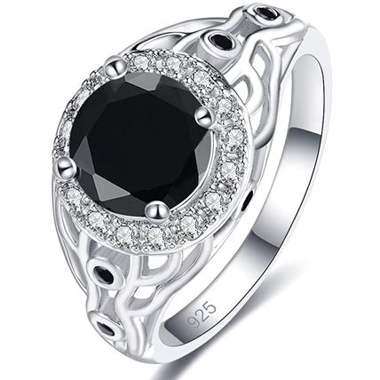 Black Spinel Halo Engagement Ring 925 Sterling Silver Filled