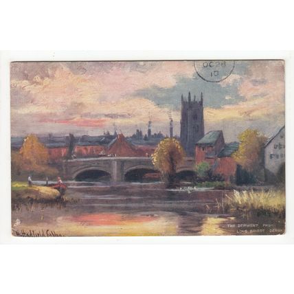 The Derwent from Long Bridge Derby 1910 Oilette Hadfield Cubley Art Postcard