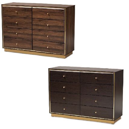 Modern Contemporary Dresser Walnut or Espresso Brown Gold Metal Trim 8 Drawers
