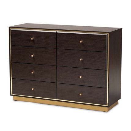 Modern Contemporary Dresser Walnut or Espresso Brown Gold Metal Trim 8 Drawers