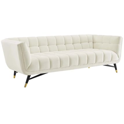Chic Mid-Century Modern Velvet Sofa Splayed Black Birchwood Frame Gold Metal Fee