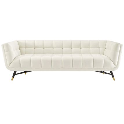 Chic Mid-Century Modern Velvet Sofa Splayed Black Birchwood Frame Gold Metal Fee