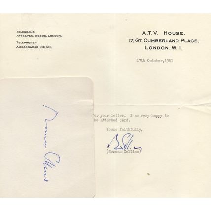 Norman Collins Dick Barton Special Agent ATV Founder Hand Signed Letter