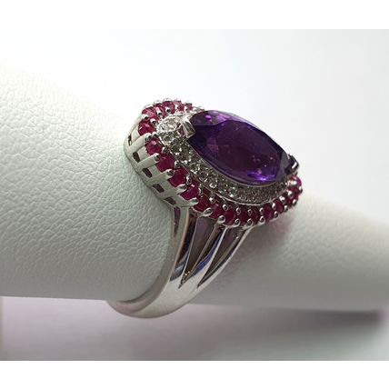 3.7ct Amethyst Burmese Ruby White Topaz Ring Size P½ Rhodium Overlay 925 Silver