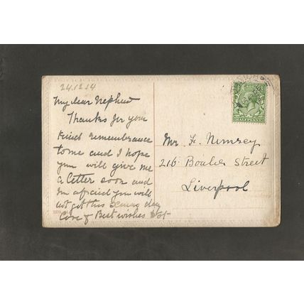 Genealogy Postcard Mr Nimsey 216 Boaler Street Liverpool 1914