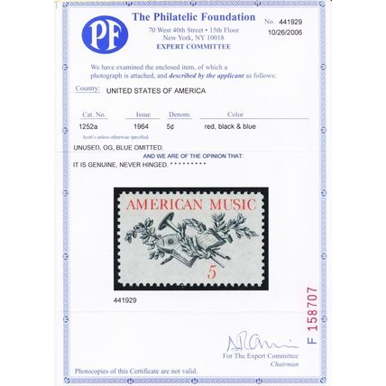 1252a, MNH XF 5¢ - Blue Color Omitted Error With PFC Certifictate Stuart Katz