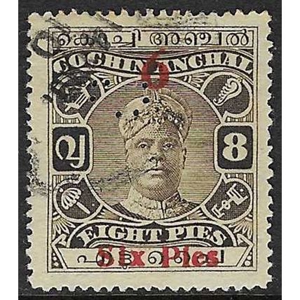 INDIA STATES COCHIN 1934 6p ON 8p SURCHARGE USED SG65