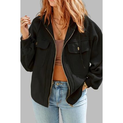 Black Plus Size Bishop Sleeve Zip Up Hooded Jacket