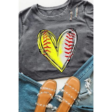Gray Baseball Heart Shape Print Crew Neck T Shirt