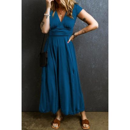 Peacock Blue Short Sleeve Shirred High Waist V Neck Maxi Dress