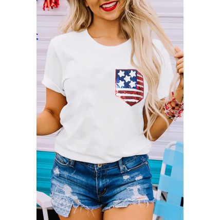 White American Flag Sequin Pocket Patched T Shirt