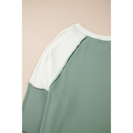 Mint Green Ribbed Colorblock Patchwork Raglan Long Sleeve Top