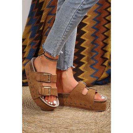 Chestnut Suede Buckle Decor Footbed Sandal Slippers
