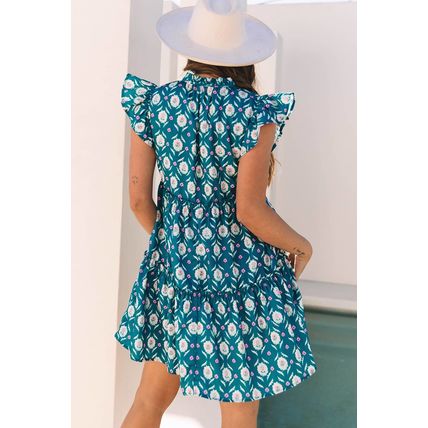 Blue Retro Floral Print Split Neck Ruffle Short Sleeve Dress
