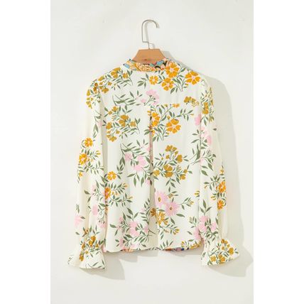 Sky Blue Floral Print Ruffled Long Sleeve Crochet Trim V Neck Blouse