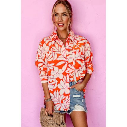 Orange Botanical Print Single Chest Pocket Button Up Shirt