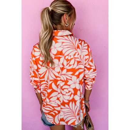 Orange Botanical Print Single Chest Pocket Button Up Shirt