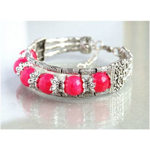 Tibetan Silver Hill Tribe Style Rose Pink Bead Bracelet Bangle Jewellery 1185