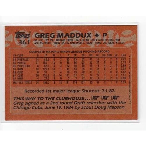 1988 Topps Greg Maddux baseball card #361 – HOF - Cubs