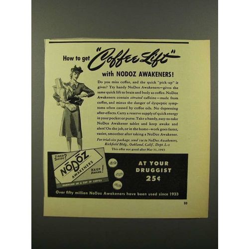1943 NoDoz Awakeners Ad - Get Coffee Lift