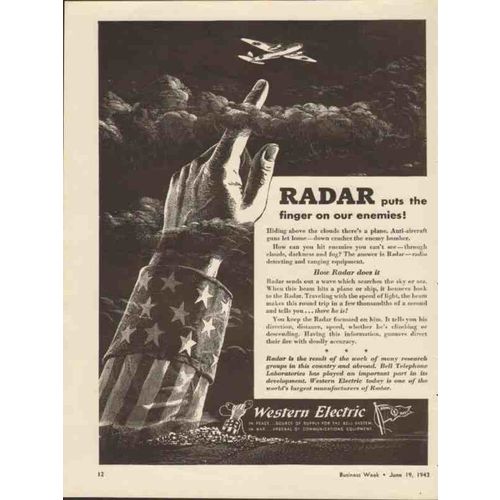 WESTERN ELECTRIC 1943 Radar puts finger on our enemy WW2 vintage ad