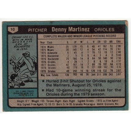 1980 Topps baseball card 10 Denny Martinez - Orioles