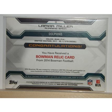 2014 Bowman LAMAR MILLER (Dolphins) Bowman Relic jersey card #30