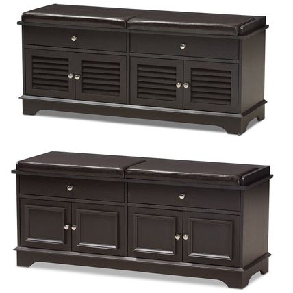 Shoe Storage Bench 2-Drawer 2-Cabinet Dark Brown Wood Cushion Top