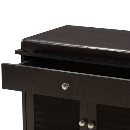 Shoe Storage Bench 2-Drawer 2-Cabinet Dark Brown Wood Cushion Top