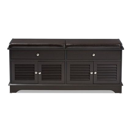 Shoe Storage Bench 2-Drawer 2-Cabinet Dark Brown Wood Cushion Top