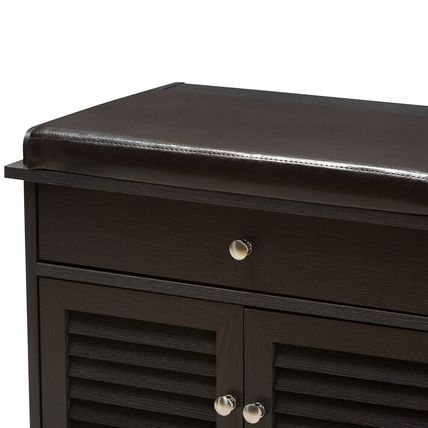 Shoe Storage Bench 2-Drawer 2-Cabinet Dark Brown Wood Cushion Top