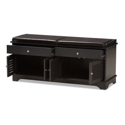 Shoe Storage Bench 2-Drawer 2-Cabinet Dark Brown Wood Cushion Top