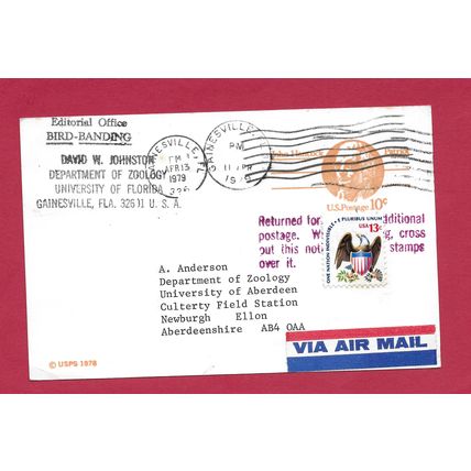 USA 1978 Prepaid 10c postcard sent to Scotland returned for postage due 13cents