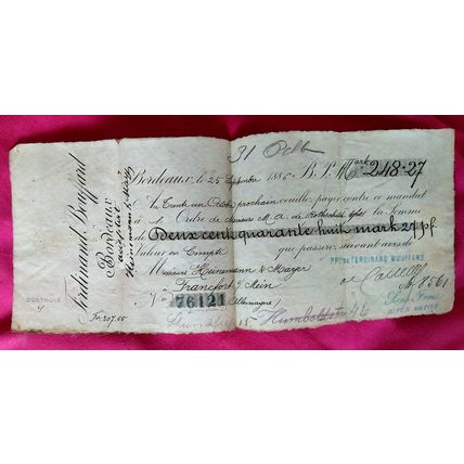 Cheque 1886 from Ferdinand Bouffard in Bordeaux written out in German Marks