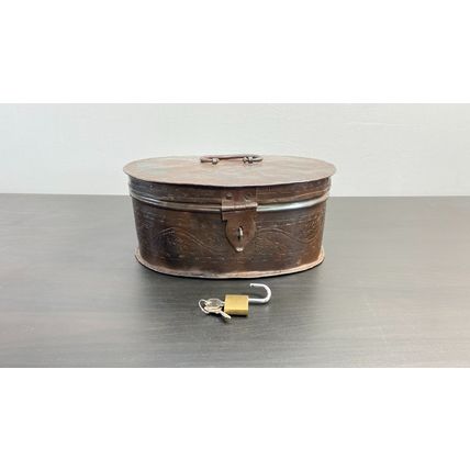 Vintage 1930s Era Metal Tin, Oval Floral Tool Box Case with lock and key Decorat